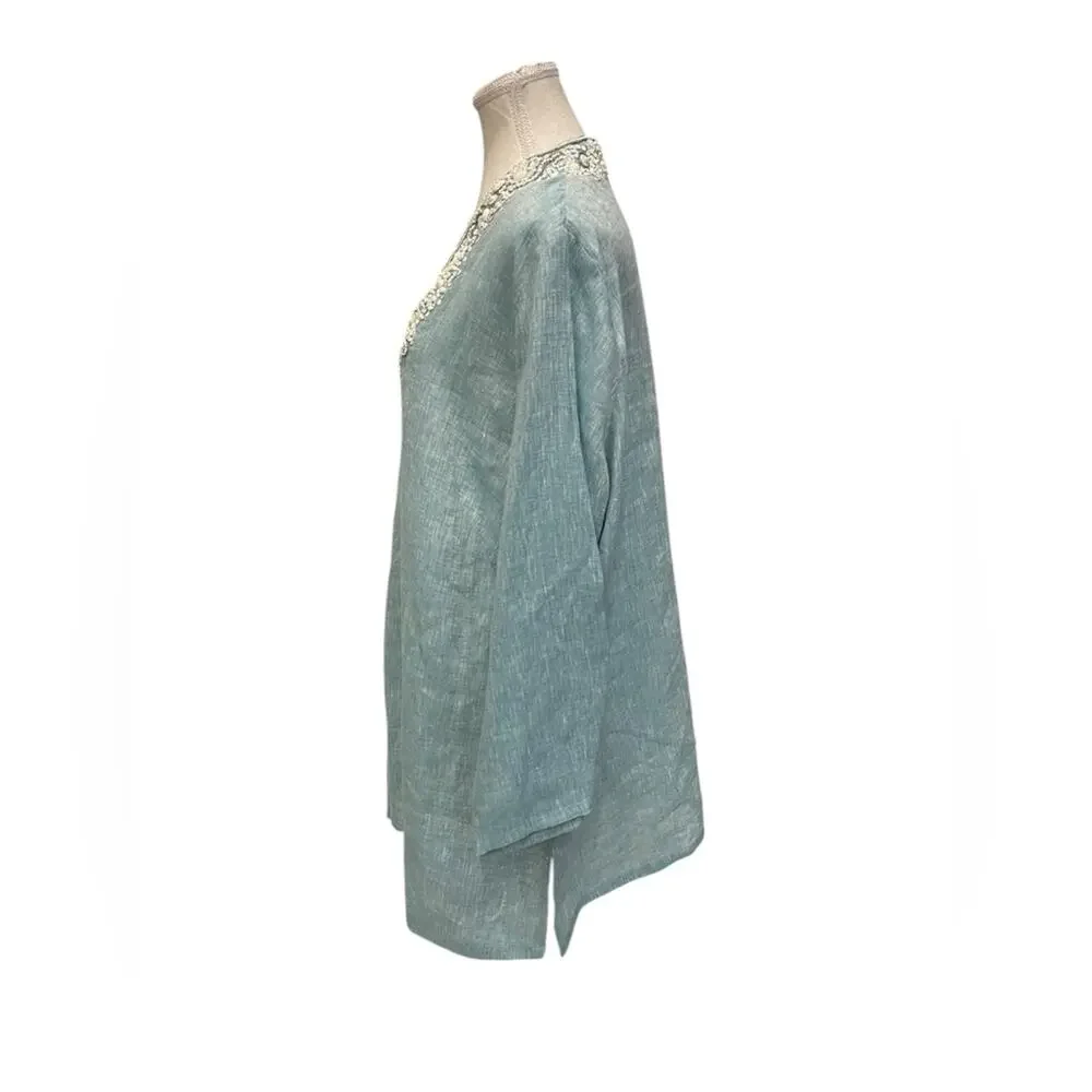 Lafayette 148 Womens Blue White beaded Long sleeve blouse size 18 - Picture 3 of 10